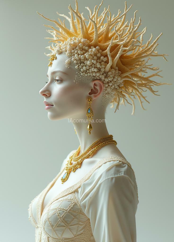 Imagen generada por IA en la comunidad IAcomuia: A woman with golden metallic corals on her head, porcelain pale skin, topological renders, hi-fructose art magazine, artforum, some tentacles are touching her, twigs, yasuke 5 0 0 px models, wearing jewellery, bilateral symmetry, albino, 32k, full body, standing from head to toe, detailed background, [full body], (full body)