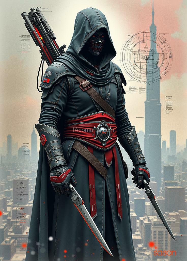 Imagen generada por IA en la comunidad IAcomuia: Conceptual design: cybernetic assassin from the brotherhood. this striking graffiti-punk digital watercolor showcases a cybernetic assassin inspired by the assassin’s creed universe, poised on a high vantage point overlooking a sprawling futuristic cityscape. the character is adorned in a sleek, dark hooded cloak interwoven with lightweight armor plating, offering both protection and agility. the cloak shimmers with subtle electronic patterns that suggest advanced technology woven into the fabric, allowing for cloaking abilities and environmental adaptability. the assassin’s face is partially obscured by a high-tech mask featuring a visor that displays digital readouts and targeting information, enhancing their precision during combat. equipped with dual hidden blades, the arms are further enhanced with retractable energy blades capable of delivering devastating strikes with a flick of the wrist. the character also wields a crossbow integrated with smart targeting systems, designed for silent, long-range eliminations. surrounding the figure are intricate technical diagrams and schematics detailing their gear, including the cloak’s cloaking mechanism and the crossbow’s targeting interface. the vibrant background showcases graffiti art that depicts the history of the brotherhood, merging the past and future in a unique artistic style. this cybernetic assassin embodies the legacy of the assassin’s creed while embracing a futuristic aesthetic, making them a formidable force against tyranny in a technologically advanced world. created by sasan