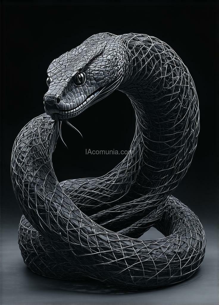 Imagen generada por IA en la comunidad IAcomuia: Super detailed high-quality 8k 3d render of an abstract sculpture of a majestic anaconda snake made entirely of loose thin black string. the snake is large and powerful, with a loose and flowing wrapping. the snake is in a striking pose, with its body twisting around the composition. the background is dark and atmospheric. the image has a high contrast and is experimental in style. created with love by sasan.