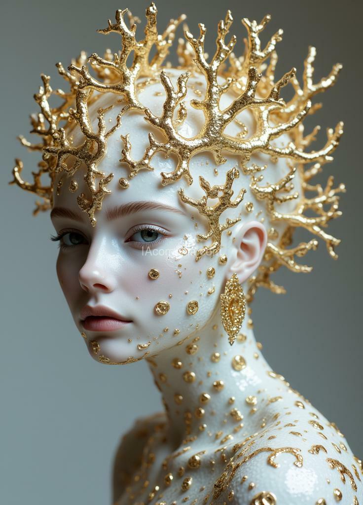 Imagen generada por IA en la comunidad IAcomuia: A woman with golden corals on her head, porcelain pale skin, topological renders, hi-fructose art magazine, artforum, some tentacles are touching her, twigs, yasuke 500 px models, wearing jewelry, bilateral symmetry, albino, 32k, covered in a viscous, translucent substance with metallic highlights, as if it were molten, organic texture, ambient lighting.