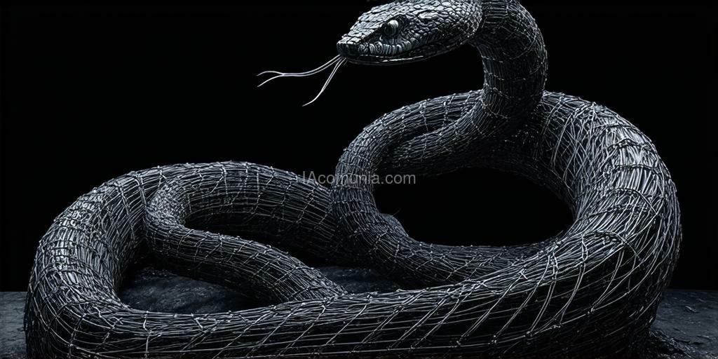 Imagen generada por IA en la comunidad IAcomuia: Super detailed high-quality 8k 3d render of an abstract sculpture of a majestic anaconda snake made entirely of loose thin black string. the snake is large and powerful, with a loose and flowing wrapping. the snake is in a striking pose, with its body twisting around the composition. the background is dark and atmospheric. the image has a high contrast and is experimental in style. created with love by sasan.