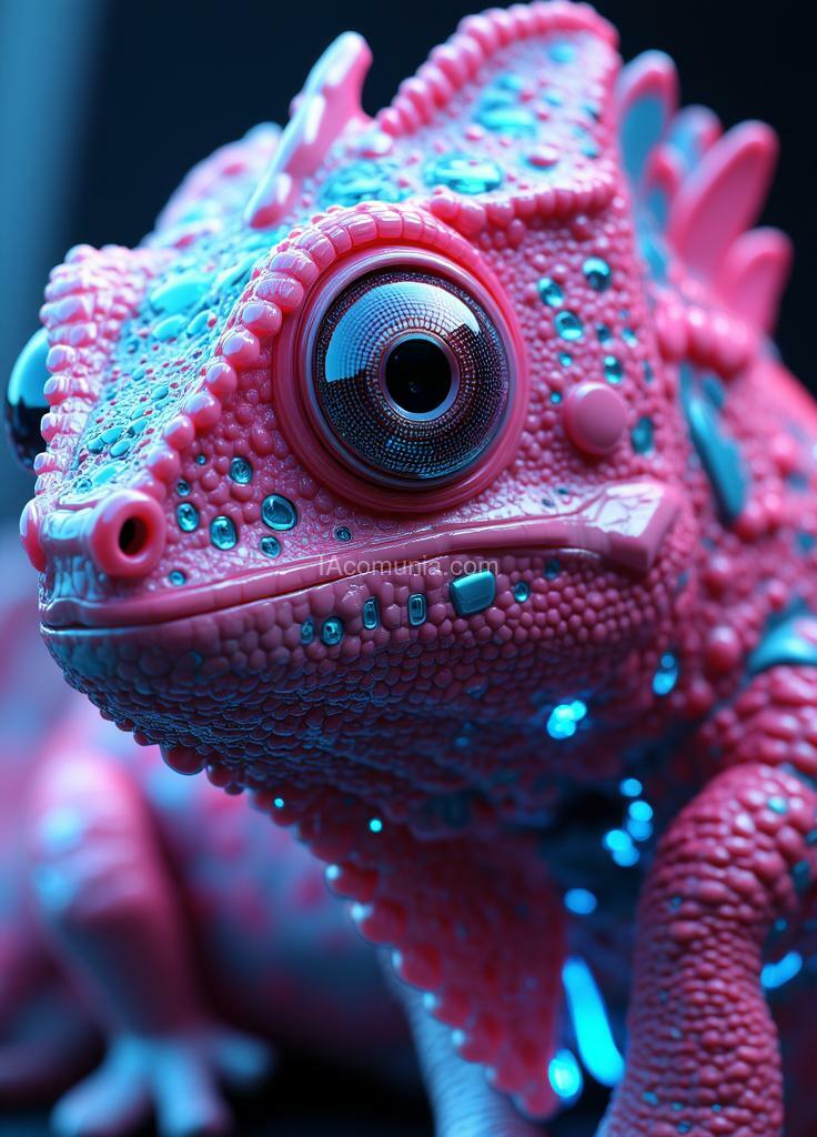 Imagen generada por IA en la comunidad IAcomuia: Ultra-realistic portrait image of a bionic chameleon pink with circules cyan vibrants head in inverted color shades of unearthly origin. this is a high-tech mixture of bionic-organic and genetic morphing with elements of high-tech robotic parts of the chameleon head with built-in robotic-mechanical parts. perform a close-up portrait of the bionic chameleon head, with special attention to the eyes made of the latest bionic-technological material with built-in video surveillance sensors. work out the smallest details and microprocessor bio-assemblies on the surface of the skin and internal parts. a tail with a bright internal glow is visible in the background. the background is defocused. the portrait image of a unique bionic chameleon is made for an advertising magazine about the inverted nature of unearthly origin and is made with maximum detail and photorealism.