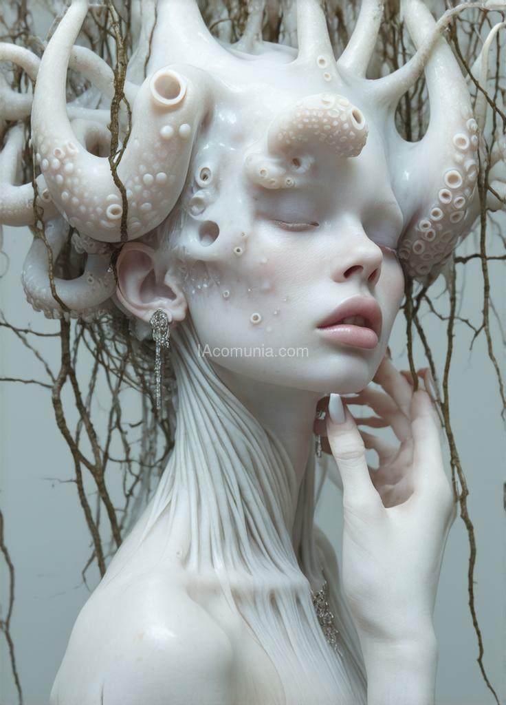 Imagen generada por IA en la comunidad IAcomuia: A woman with indigo tentacules optupus on her head, porcelain indigo skin, topological renders, hi - fructose art magazine, artforum, some tentacles are touching her, twigs, yasuke 5 0 0 px models, wearing jewellery, bilateral symmetry, albino, 32k