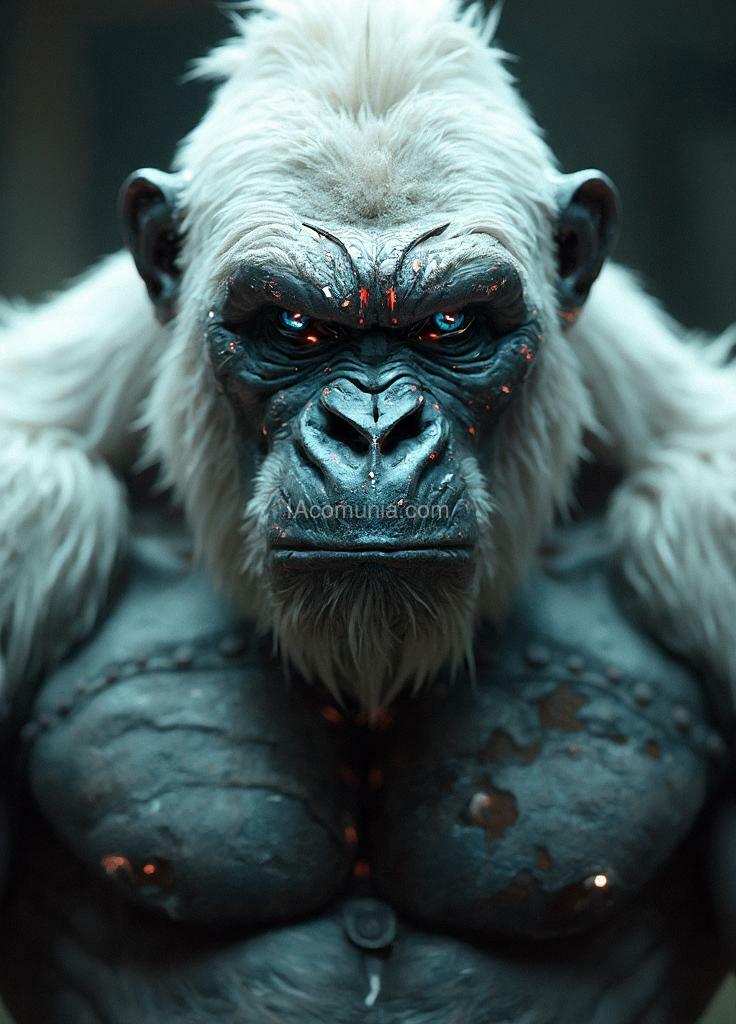 Imagen generada por IA en la comunidad IAcomuia: In this hyper-detailed photogrammetry-style portrait, a cybernetic gorilla, king kong, stares directly ahead, exuding a commanding presence through a fusion of primal strength and intricate cybernetic enhancements. his muscular frame is rendered in striking realism, each sinew and scar meticulously captured, while segments of metallic plating enhance his natural armor, giving him an indomitable aura. his chest is adorned with sleek, silver-white plating, reflecting a futuristic yet regal appearance. king kong's pelage is a pristine platinum white, shimmering under the dim light, and his piercing blue eyes glow with an otherworldly intensity. covering his face is a japanese-inspired cybernetic mask, its design echoing the fierce expression of a traditional oni with sharp, angular lines and high-tech modifications. the mask is crafted from alloyed metal with crimson neon accents illuminating the intricate engravings, creating a contrast between ancient symbolism and modern functionality. sensors and data interfaces are subtly embedded in the mask, allowing for tactical overlays and visual enhancements, and faint wisps of vapor occasionally release from the edges, enhancing the air of mystique. the background—a dimly lit, virtual dojo or battlefield scene—adds a haunting depth, placing the gorilla in a world where tradition and technology collide. this portrait captures the essence of an unstoppable warrior, a fusion of nature’s raw power and the sleek precision of cybernetics, his masked gaze exuding both wisdom and an intimidating strength. created by sasan