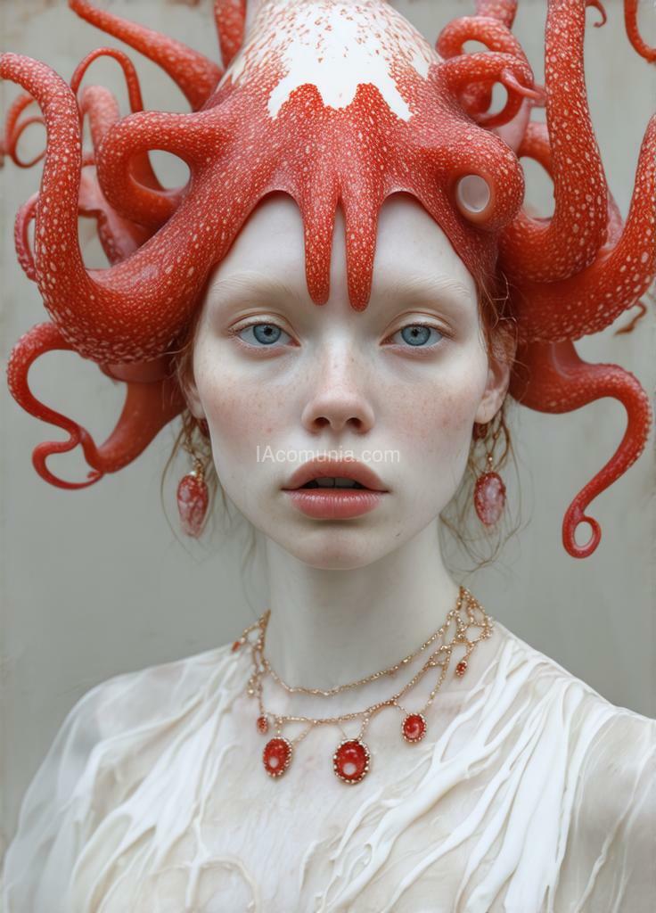 Imagen generada por IA en la comunidad IAcomuia: A woman with red tentacules optupus on her head, porcelain red skin, topological renders, hi - fructose art magazine, artforum, some tentacles are touching her, twigs, yasuke 5 0 0 px models, wearing jewellery, bilateral symmetry, albino, 32k