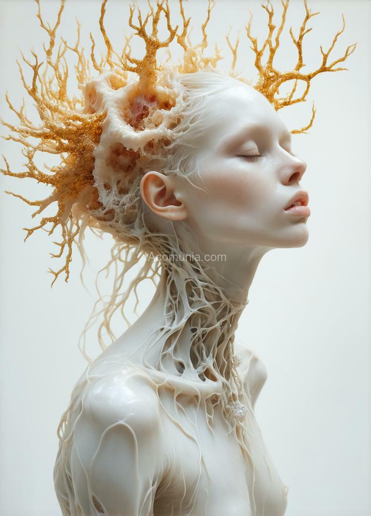 Imagen generada por IA en la comunidad IAcomuia: A woman with goldens oro metalics corals on her head, porcelain pale skin, topological renders, hi - fructose art magazine, artforum, some tentacles are touching her, twigs, yasuke 5 0 0 px models, wearing jewellery, bilateral symmetry, albino, 32k body complet, [body complet], (body complet), "body complet", 'body complet'