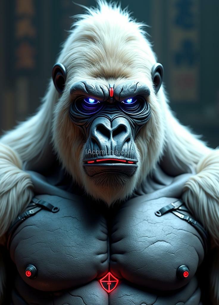 Imagen generada por IA en la comunidad IAcomuia: In this hyper-detailed photogrammetry-style portrait, a cybernetic gorilla, king kong, stares directly ahead, exuding a commanding presence through a fusion of primal strength and intricate cybernetic enhancements. his muscular frame is rendered in striking realism, each sinew and scar meticulously captured, while segments of metallic plating enhance his natural armor, giving him an indomitable aura. his chest is adorned with sleek, silver-white plating, reflecting a futuristic yet regal appearance. king kong's pelage is a pristine platinum white, shimmering under the dim light, and his piercing blue eyes glow with an otherworldly intensity. covering his face is a japanese-inspired cybernetic mask, its design echoing the fierce expression of a traditional oni with sharp, angular lines and high-tech modifications. the mask is crafted from alloyed metal with crimson neon accents illuminating the intricate engravings, creating a contrast between ancient symbolism and modern functionality. sensors and data interfaces are subtly embedded in the mask, allowing for tactical overlays and visual enhancements, and faint wisps of vapor occasionally release from the edges, enhancing the air of mystique. the background—a dimly lit, virtual dojo or battlefield scene—adds a haunting depth, placing the gorilla in a world where tradition and technology collide. this portrait captures the essence of an unstoppable warrior, a fusion of nature’s raw power and the sleek precision of cybernetics, his masked gaze exuding both wisdom and an intimidating strength. created by sasan