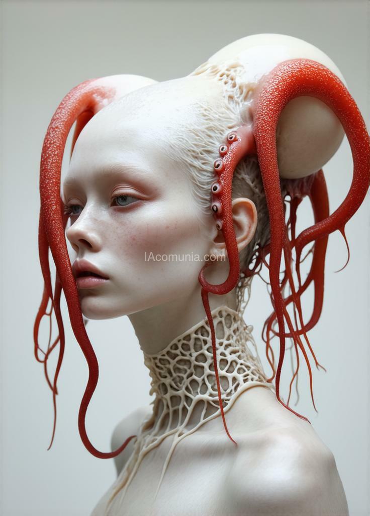 Imagen generada por IA en la comunidad IAcomuia: A woman with red tentacules optupus on her head, porcelain red skin, topological renders, hi - fructose art magazine, artforum, some tentacles are touching her, twigs, yasuke 5 0 0 px models, wearing jewellery, bilateral symmetry, albino, 32k