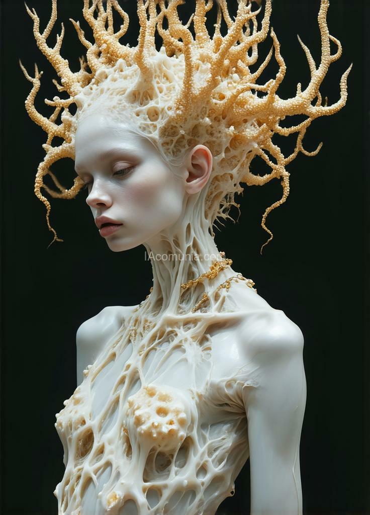 Imagen generada por IA en la comunidad IAcomuia: A woman with golden metallic corals on her head, porcelain pale skin, topological renders, hi-fructose art magazine, artforum, some tentacles are touching her, twigs, yasuke 5 0 0 px models, wearing jewellery, bilateral symmetry, albino, 32k, full body, standing from head to toe, detailed background, [full body], (full body)