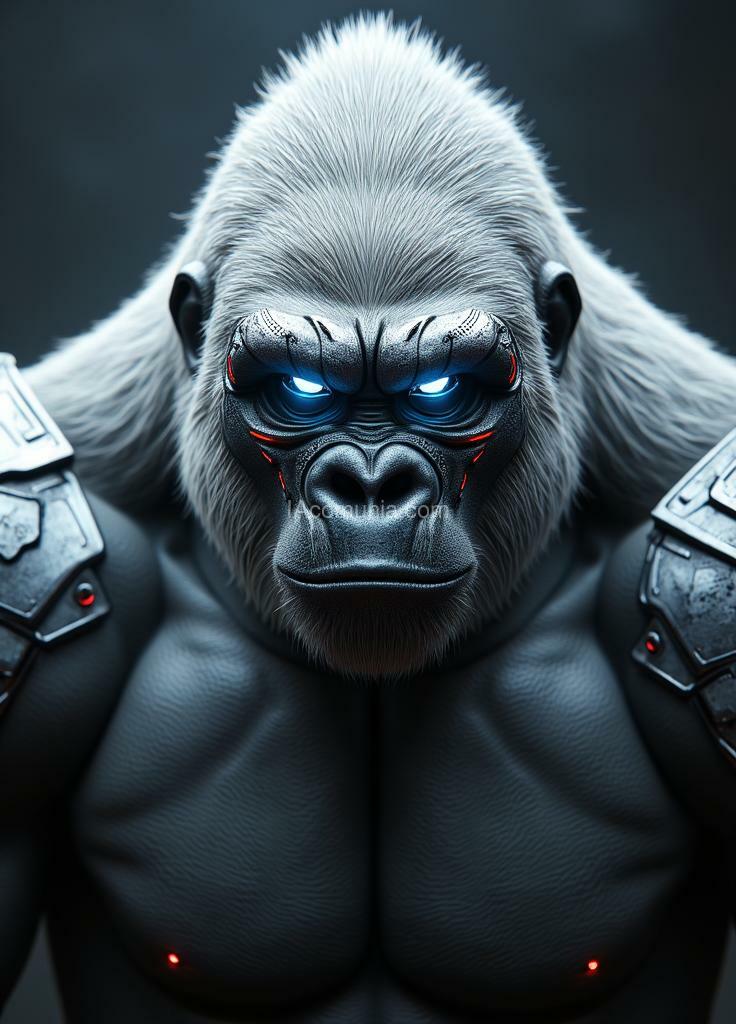 Imagen generada por IA en la comunidad IAcomuia: In this hyper-detailed photogrammetry-style portrait, a cybernetic gorilla, king kong, stares directly ahead, exuding a commanding presence through a fusion of primal strength and intricate cybernetic enhancements. his muscular frame is rendered in striking realism, each sinew and scar meticulously captured, while segments of metallic plating enhance his natural armor, giving him an indomitable aura. his chest is adorned with sleek, silver-white plating, reflecting a futuristic yet regal appearance. king kong's pelage is a pristine platinum white, shimmering under the dim light, and his piercing blue eyes glow with an otherworldly intensity. covering his face is a japanese-inspired cybernetic mask, its design echoing the fierce expression of a traditional oni with sharp, angular lines and high-tech modifications. the mask is crafted from alloyed metal with crimson neon accents illuminating the intricate engravings, creating a contrast between ancient symbolism and modern functionality. sensors and data interfaces are subtly embedded in the mask, allowing for tactical overlays and visual enhancements, and faint wisps of vapor occasionally release from the edges, enhancing the air of mystique. the background—a dimly lit, virtual dojo or battlefield scene—adds a haunting depth, placing the gorilla in a world where tradition and technology collide. this portrait captures the essence of an unstoppable warrior, a fusion of nature’s raw power and the sleek precision of cybernetics, his masked gaze exuding both wisdom and an intimidating strength. created by sasan