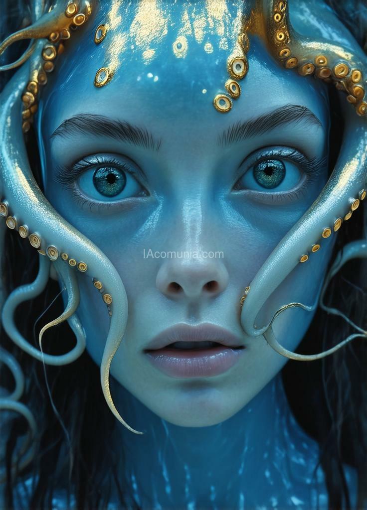 Imagen generada por IA en la comunidad IAcomuia: A woman eyes the octupus remember the eyes are the octupus the no humans only eyes of octupus in the face cyan with golden metalic tentacules optupus on her head, porcelain indigo skin, topological renders, hi - fructose art magazine, artforum, some tentacles are touching her, twigs, yasuke 5 0 0 px models, wearing jewellery, bilateral symmetry, albino, 32k