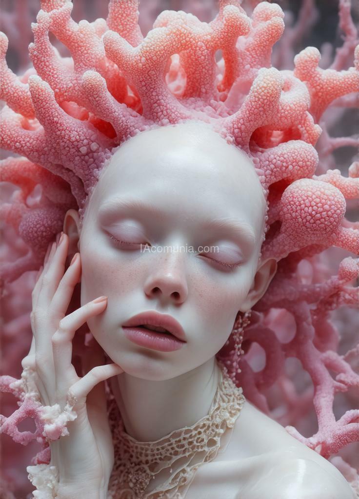 Imagen generada por IA en la comunidad IAcomuia: Woman with magenta corals on her head, porcelain pale skin, topological renders, hi-fructose art magazine, artforum, some tentacles are touching her, twigs, yasuke 5 0 0 px models, wearing jewellery, bilateral symmetry, albino, 32k, magenta