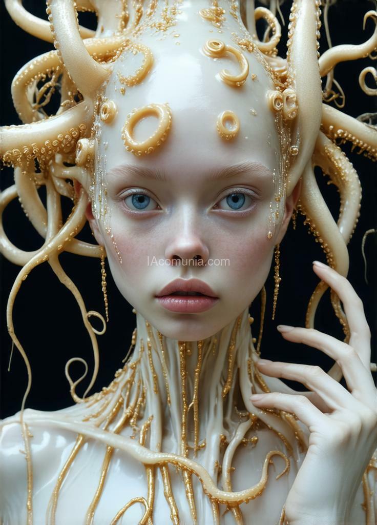 Imagen generada por IA en la comunidad IAcomuia: A woman with golden metalic tentacules optupus on her head, porcelain indigo skin, topological renders, hi - fructose art magazine, artforum, some tentacles are touching her, twigs, yasuke 5 0 0 px models, wearing jewellery, bilateral symmetry, albino, 32k