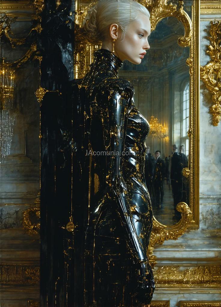 Imagen generada por IA en la comunidad IAcomuia: A hyper realistic digital painting, photo shot in kodak portra, by helmut newton, design a character of a cybernetic woman inspired by the concept of 'haunted versailles.' the woman should blend elements of elegance and opulence with eerie, ghostly features. imagine intricate golden details and baroque patterns reminiscent of the palace of versailles, but with a dark, haunted twist--faded and cracked, as if touched by time and spirits. the sleek body should have a spectral, shadowy aura, with faint images of ghostly figures or mist swirling around it. incorporate ornate mirrors, chandeliers, or classic french architectural motifs subtly into the design, as if the woman itself is a moving piece of the haunted palace. the overall look should be both luxurious and chilling, creating a sense of speed, power, and otherworldly mystery