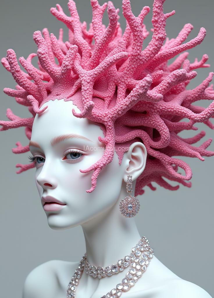 Imagen generada por IA en la comunidad IAcomuia: Woman with magenta corals on her head, porcelain pale skin, topological renders, hi-fructose art magazine, artforum, some tentacles are touching her, twigs, yasuke 5 0 0 px models, wearing jewellery, bilateral symmetry, albino, 32k, magenta