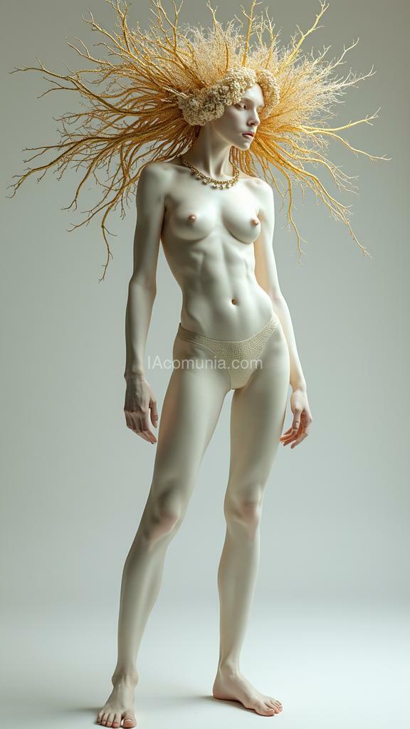 Imagen generada por IA en la comunidad IAcomuia: A woman with golden metallic corals on her head, porcelain pale skin, topological renders, hi-fructose art magazine, artforum, some tentacles are touching her, twigs, yasuke 5 0 0 px models, wearing jewellery, bilateral symmetry, albino, 32k, full body, standing from head to toe, detailed background, [full body], (full body)