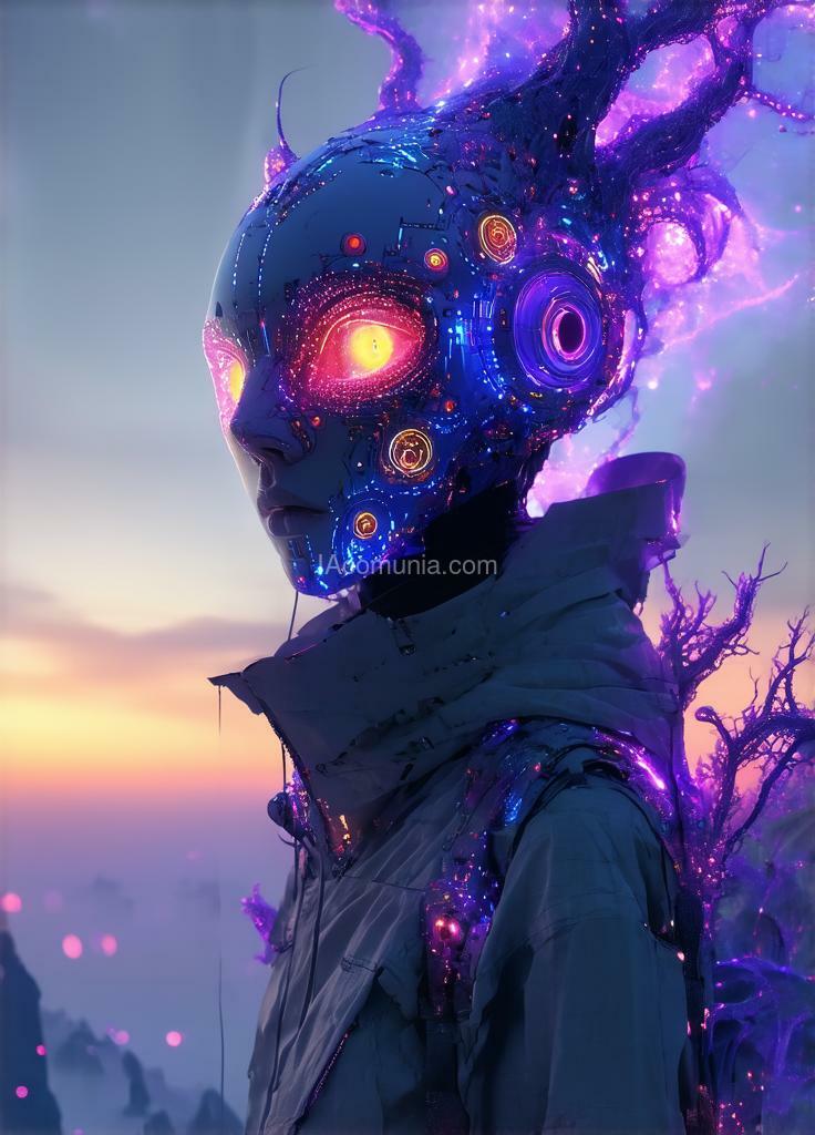 Imagen generada por IA en la comunidad IAcomuia: This striking digital design of expressive surrealism showcases a character inspired by a fantasy world, poised on a vantage point overlooking a futuristic setting. the character is adorned with a volumetric bionic mask, offering a striking combination of rich imagination and futuristic reality. the mask glows with swirling fractal patterns, suggesting an interweaving of bio-tissue and technology, transporting the viewer to a world where ultra-realistic spiral time travel becomes possible. in this work of art with a slight asymmetry, the detailed and hyper-realism of the eyes are woven into the foundation. they allow the viewer to immerse themselves in a world of looks and masks, where the boundaries between reality and fantasy are erased