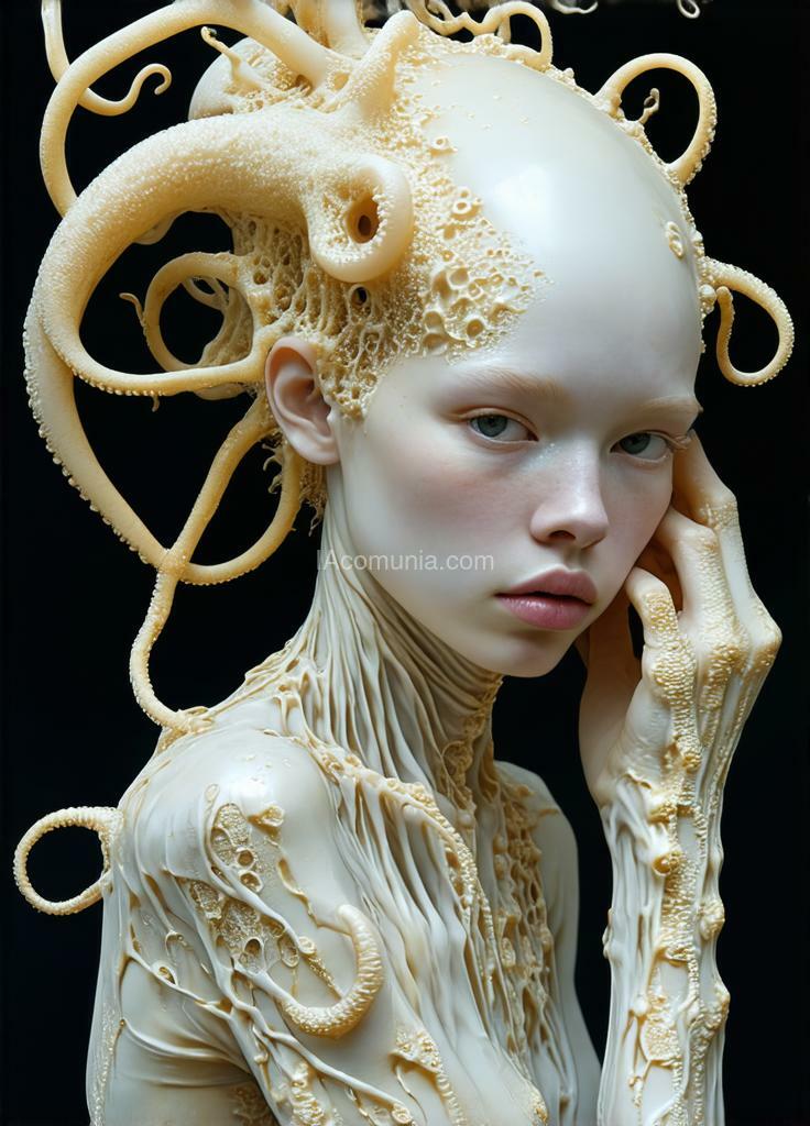 Imagen generada por IA en la comunidad IAcomuia: A woman with golden metalic tentacules optupus on her head, porcelain indigo skin, topological renders, hi - fructose art magazine, artforum, some tentacles are touching her, twigs, yasuke 5 0 0 px models, wearing jewellery, bilateral symmetry, albino, 32k