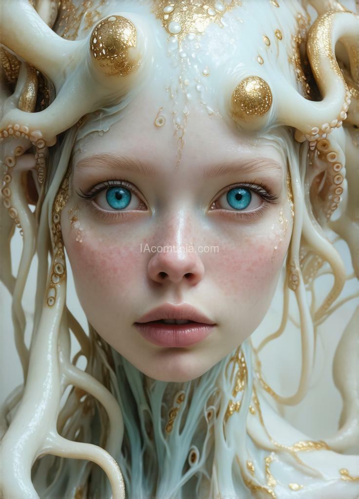 Imagen generada por IA en la comunidad IAcomuia: A woman eyes the octupus cyan with golden metalic tentacules optupus on her head, porcelain indigo skin, topological renders, hi - fructose art magazine, artforum, some tentacles are touching her, twigs, yasuke 5 0 0 px models, wearing jewellery, bilateral symmetry, albino, 32k