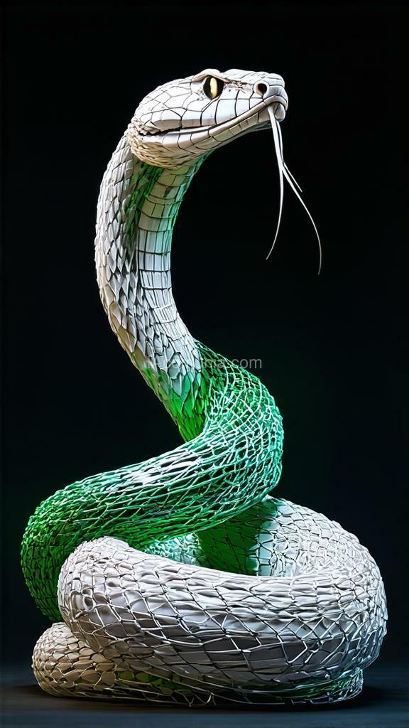 Imagen generada por IA en la comunidad IAcomuia: This image features a super detailed high-quality 8k 3d render of an abstract sculpture of a majestic white and green cobra snake. the snake is crafted entirely from loose thin black string, giving it a unique and artistic appearance. the snake is large and powerful, with its body flowing loosely and wrapping around the composition in a striking pose. the background is dark and atmospheric, enhancing the contrast and creating a dramatic effect. the overall style is experimental, with a high contrast that makes the sculpture stand out. this piece was created with love by sasan, showcasing his artistic vision and technical skill.