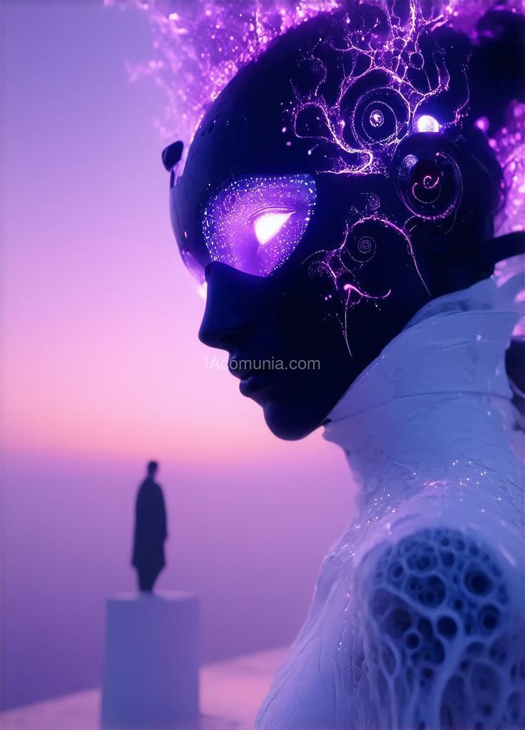 Imagen generada por IA en la comunidad IAcomuia: This striking digital design of expressive surrealism showcases a character inspired by a fantasy world, poised on a vantage point overlooking a futuristic setting. the character is adorned with a volumetric bionic mask, offering a striking combination of rich imagination and futuristic reality. the mask glows with swirling fractal patterns, suggesting an interweaving of bio-tissue and technology, transporting the viewer to a world where ultra-realistic spiral time travel becomes possible. in this work of art with a slight asymmetry, the detailed and hyper-realism of the eyes are woven into the foundation. they allow the viewer to immerse themselves in a world of looks and masks, where the boundaries between reality and fantasy are erased