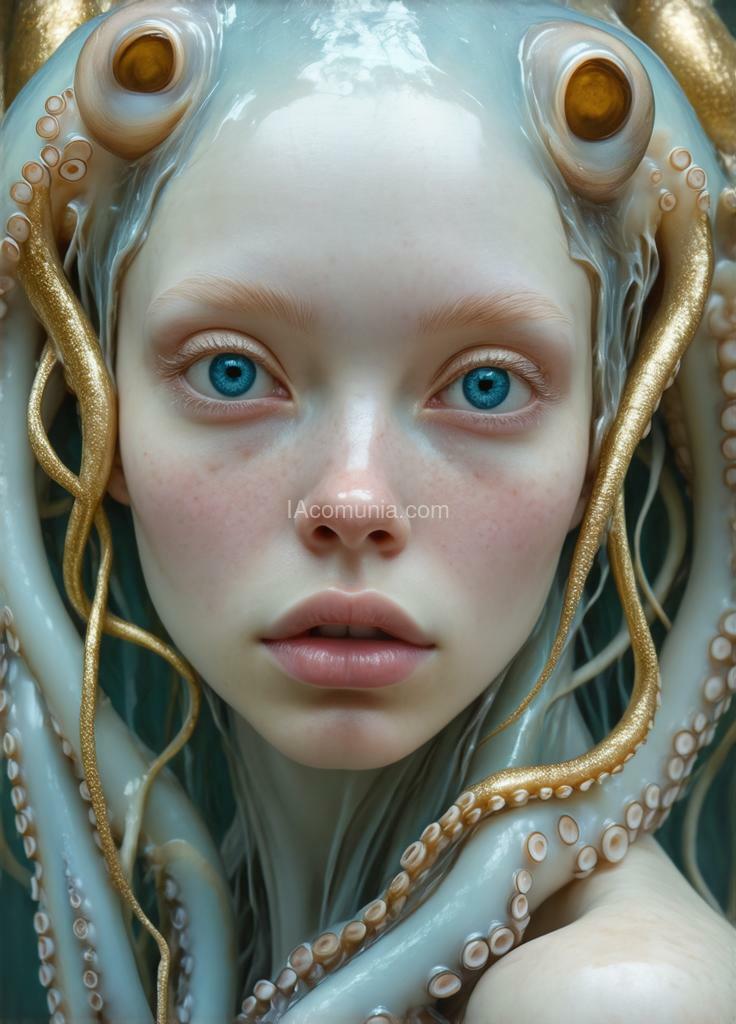 Imagen generada por IA en la comunidad IAcomuia: A woman eyes the octupus cyan with golden metalic tentacules optupus on her head, porcelain indigo skin, topological renders, hi - fructose art magazine, artforum, some tentacles are touching her, twigs, yasuke 5 0 0 px models, wearing jewellery, bilateral symmetry, albino, 32k