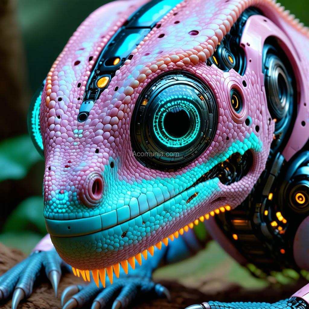 Imagen generada por IA en la comunidad IAcomuia: Ultra-realistic portrait image of a bionic chameleon pink with circules cyan vibrants head in inverted color shades of unearthly origin. this is a high-tech mixture of bionic-organic and genetic morphing with elements of high-tech robotic parts of the chameleon head with built-in robotic-mechanical parts. perform a close-up portrait of the bionic chameleon head, with special attention to the eyes made of the latest bionic-technological material with built-in video surveillance sensors. work out the smallest details and microprocessor bio-assemblies on the surface of the skin and internal parts. a tail with a bright internal glow is visible in the background. the background is defocused. the portrait image of a unique bionic chameleon is made for an advertising magazine about the inverted nature of unearthly origin and is made with maximum detail and photorealism.