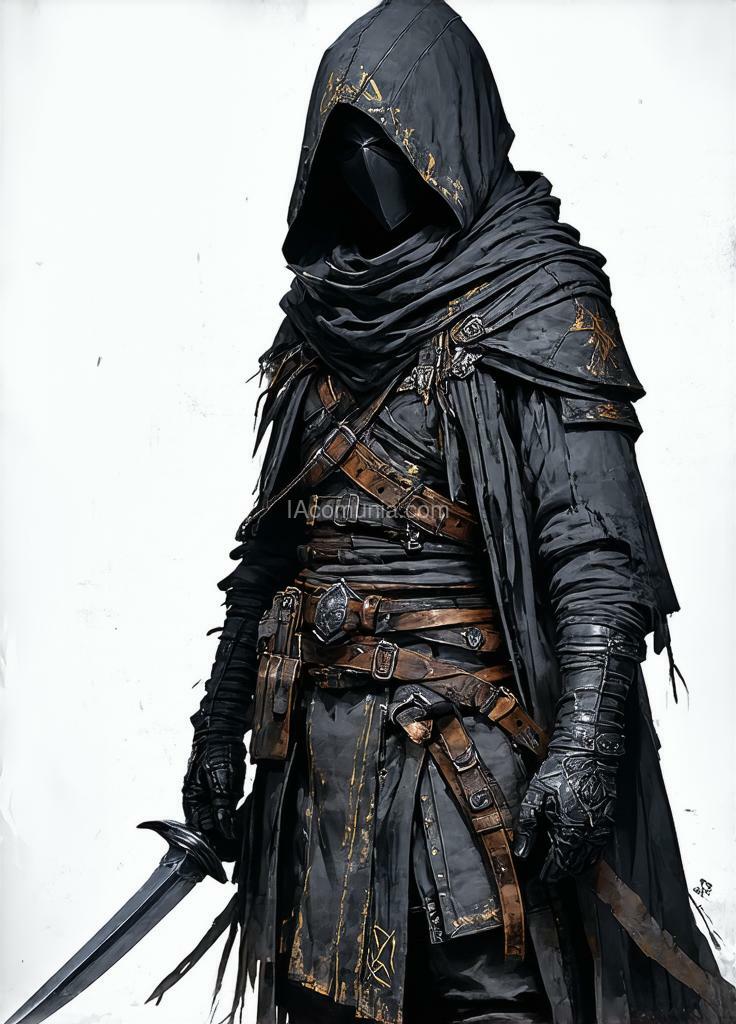 Imagen generada por IA en la comunidad IAcomuia: A dark and intense character design depicting a templar assassin, wearing a hooded, armor-like outfit that combines tactical practicality with gothic and medieval influences. the figure is adorned in a blend of leather and fabric, featuring layered textures and intricate detailing, including reinforced stitching, geometric engravings, and weathered material. the character's mask is a prominent feature, designed with a beak-like structure and intricate patterns, concealing their identity while exuding an air of mystery and menace. the outfit includes utility belts with pouches and holsters, as well as a cross-body leather strap that adds depth and realism to the design. a sharp, dagger-like blade is held confidently in one hand, its polished surface catching the subtle lighting that illuminates the scene. the background is dark and minimalistic, with faint diagrams and symbols drawn in white, suggesting tactical planning or a connection to ancient lore. the color palette emphasizes muted grays, browns, and blacks, with subtle metallic accents. the lighting is dramatic, with soft highlights accentuating the textures of the outfit and weapon. the overall mood conveys stealth, precision, and danger, embodying the essence of an elite assassin. created by sasan