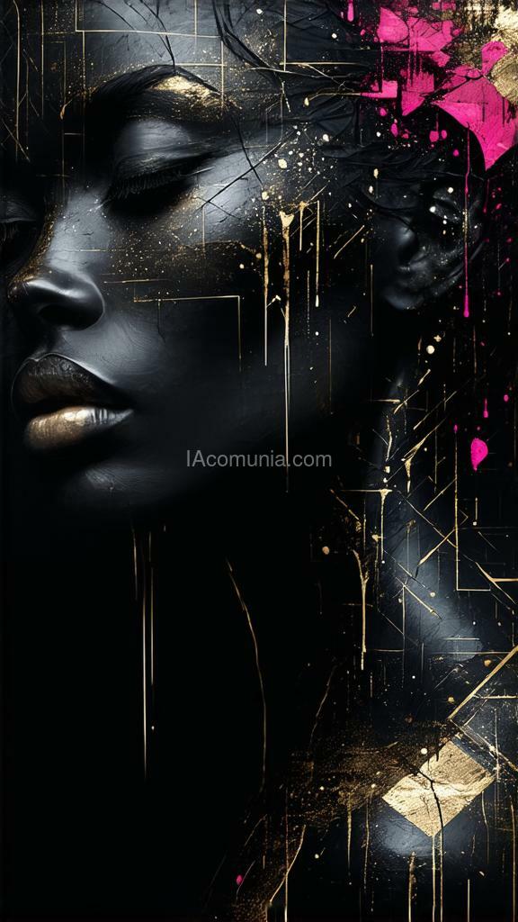 Imagen generada por IA en la comunidad IAcomuia: (((ultra-hd-quality-details, real-photo-realistic, ideal))), typography dark moody atmosphere, zentangle in the black void, a black porcelain female face with geometric gold patterns, black background . intricate, abstract, monochrome, patterns, meditative, highly detailed, dramatic, mysterious, dark moody atmosphere, in russ mills's soft foggy ambiance, the dark gritty tone of dave mckeanâs collaged work, the dreamy & whimsical magical realism illustration style black and grey with pink elements of dripping paint -hyperrealistic, ultra realistism. extreme closeup, poster, fashion, 3d render, illustration, typography, dark fantasy, graffiti, painting, cinematic, photo