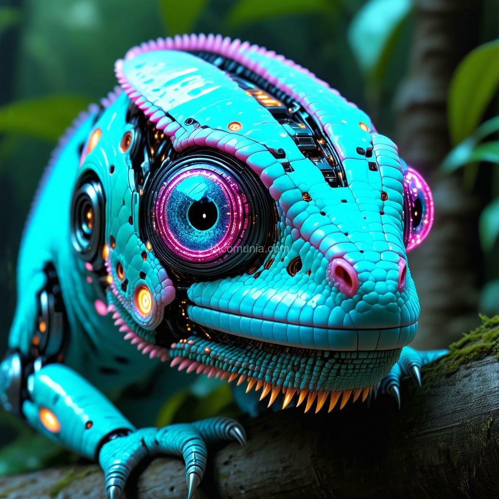 Imagen generada por IA en la comunidad IAcomuia: Ultra-realistic portrait image of a bionic chameleon pink with circules cyan vibrants head in inverted color shades of unearthly origin. this is a high-tech mixture of bionic-organic and genetic morphing with elements of high-tech robotic parts of the chameleon head with built-in robotic-mechanical parts. perform a close-up portrait of the bionic chameleon head, with special attention to the eyes made of the latest bionic-technological material with built-in video surveillance sensors. work out the smallest details and microprocessor bio-assemblies on the surface of the skin and internal parts. a tail with a bright internal glow is visible in the background. the background is defocused. the portrait image of a unique bionic chameleon is made for an advertising magazine about the inverted nature of unearthly origin and is made with maximum detail and photorealism.