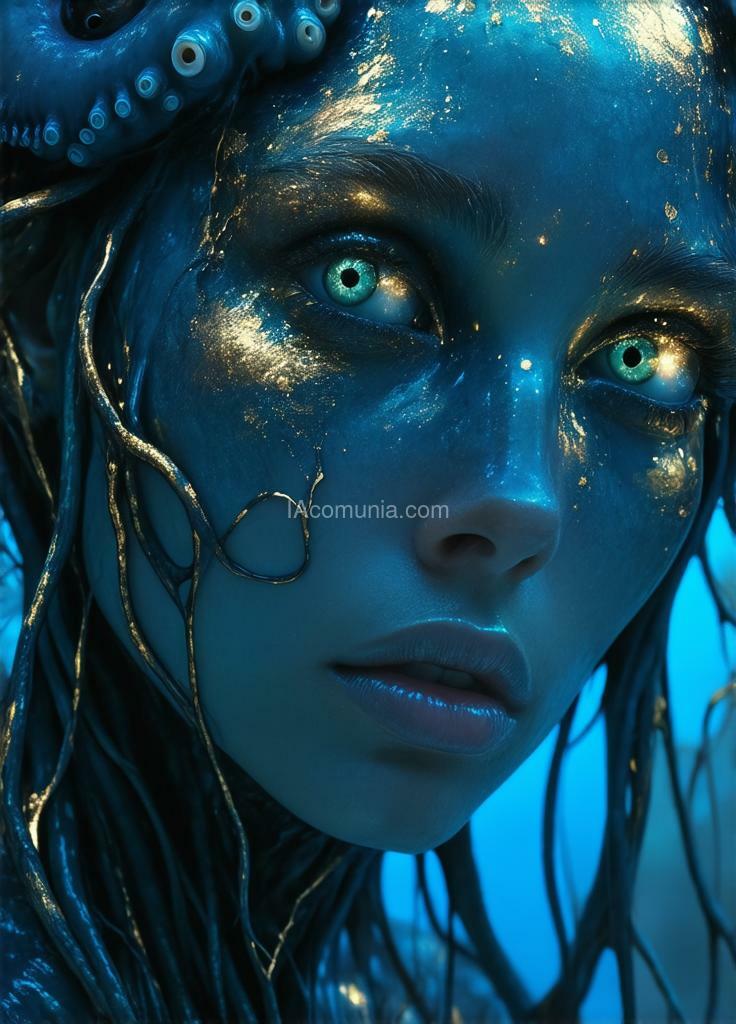 Imagen generada por IA en la comunidad IAcomuia: A woman eyes the octupus remember the eyes are the octupus the no humans only eyes of octupus in the face cyan with golden metalic tentacules optupus on her head, porcelain indigo skin, topological renders, hi - fructose art magazine, artforum, some tentacles are touching her, twigs, yasuke 5 0 0 px models, wearing jewellery, bilateral symmetry, albino, 32k