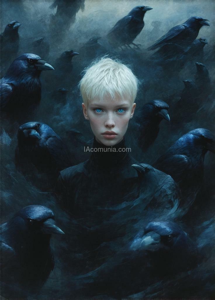 Imagen generada por IA en la comunidad IAcomuia: A pale-skinned figure with short, platinum blonde hair gazes directly at the viewer from the center of a swirling mass of dark birds, blue colored eyes, likely crows or ravens. the atmosphere is moody and surreal, with a limited color palette dominated by blacks and deep grays, creating a sense of confinement and mystery. the figure wears a form-fitting, dark outfit that blends into the surroundings, emphasizing the contrast between their fair skin and the dark feathers surrounding them.