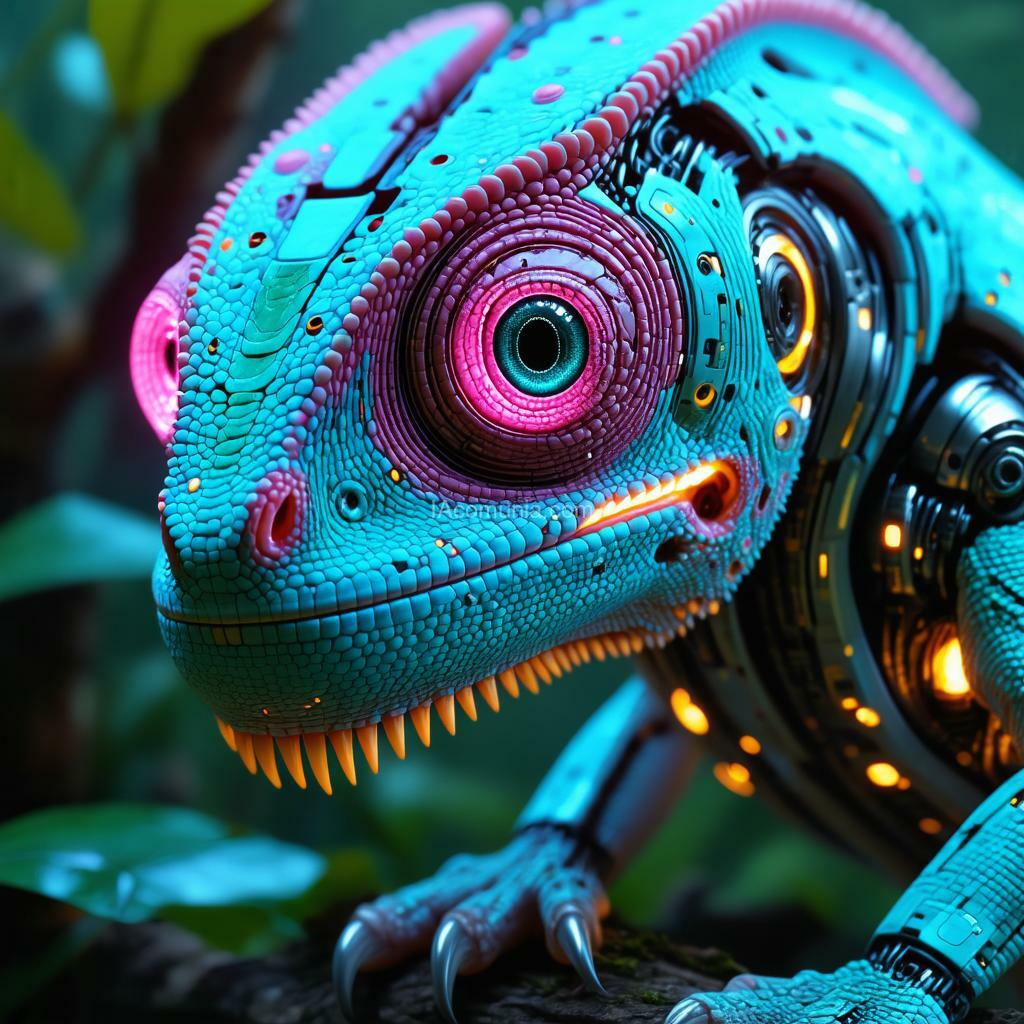 Imagen generada por IA en la comunidad IAcomuia: Ultra-realistic portrait image of a bionic chameleon pink with circules cyan vibrants head in inverted color shades of unearthly origin. this is a high-tech mixture of bionic-organic and genetic morphing with elements of high-tech robotic parts of the chameleon head with built-in robotic-mechanical parts. perform a close-up portrait of the bionic chameleon head, with special attention to the eyes made of the latest bionic-technological material with built-in video surveillance sensors. work out the smallest details and microprocessor bio-assemblies on the surface of the skin and internal parts. a tail with a bright internal glow is visible in the background. the background is defocused. the portrait image of a unique bionic chameleon is made for an advertising magazine about the inverted nature of unearthly origin and is made with maximum detail and photorealism.