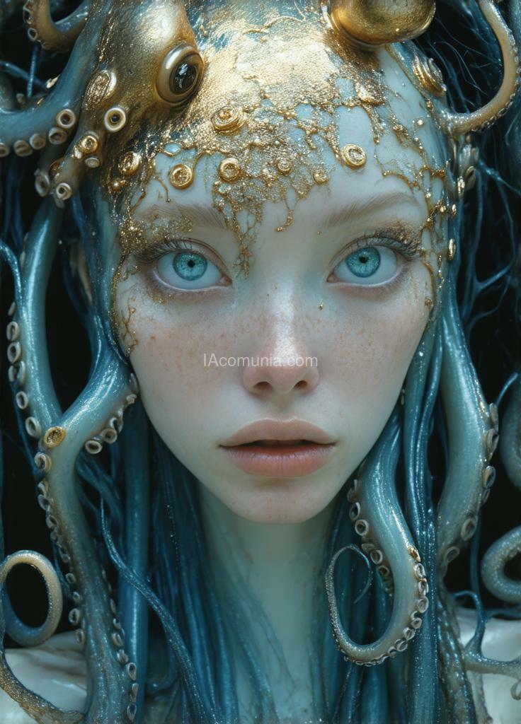 Imagen generada por IA en la comunidad IAcomuia: A woman eyes the octupus remember the eyes are the octupus the no humans only eyes of octupus in the face cyan with golden metalic tentacules optupus on her head, porcelain indigo skin, topological renders, hi - fructose art magazine, artforum, some tentacles are touching her, twigs, yasuke 5 0 0 px models, wearing jewellery, bilateral symmetry, albino, 32k