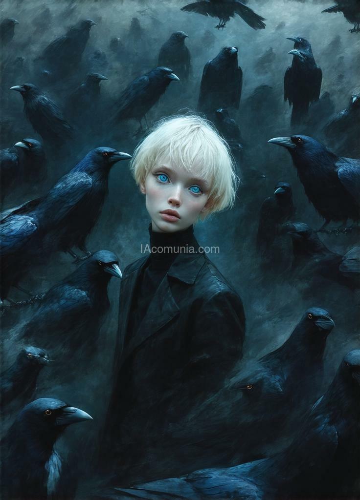 Imagen generada por IA en la comunidad IAcomuia: A pale-skinned figure with short, platinum blonde hair gazes directly at the viewer from the center of a swirling mass of dark birds, blue colored eyes, likely crows or ravens. the atmosphere is moody and surreal, with a limited color palette dominated by blacks and deep grays, creating a sense of confinement and mystery. the figure wears a form-fitting, dark outfit that blends into the surroundings, emphasizing the contrast between their fair skin and the dark feathers surrounding them.