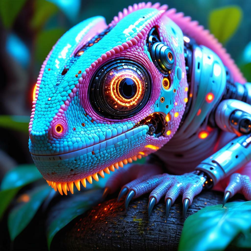 Imagen generada por IA en la comunidad IAcomuia: Ultra-realistic portrait image of a bionic chameleon pink with circules cyan vibrants head in inverted color shades of unearthly origin. this is a high-tech mixture of bionic-organic and genetic morphing with elements of high-tech robotic parts of the chameleon head with built-in robotic-mechanical parts. perform a close-up portrait of the bionic chameleon head, with special attention to the eyes made of the latest bionic-technological material with built-in video surveillance sensors. work out the smallest details and microprocessor bio-assemblies on the surface of the skin and internal parts. a tail with a bright internal glow is visible in the background. the background is defocused. the portrait image of a unique bionic chameleon is made for an advertising magazine about the inverted nature of unearthly origin and is made with maximum detail and photorealism.