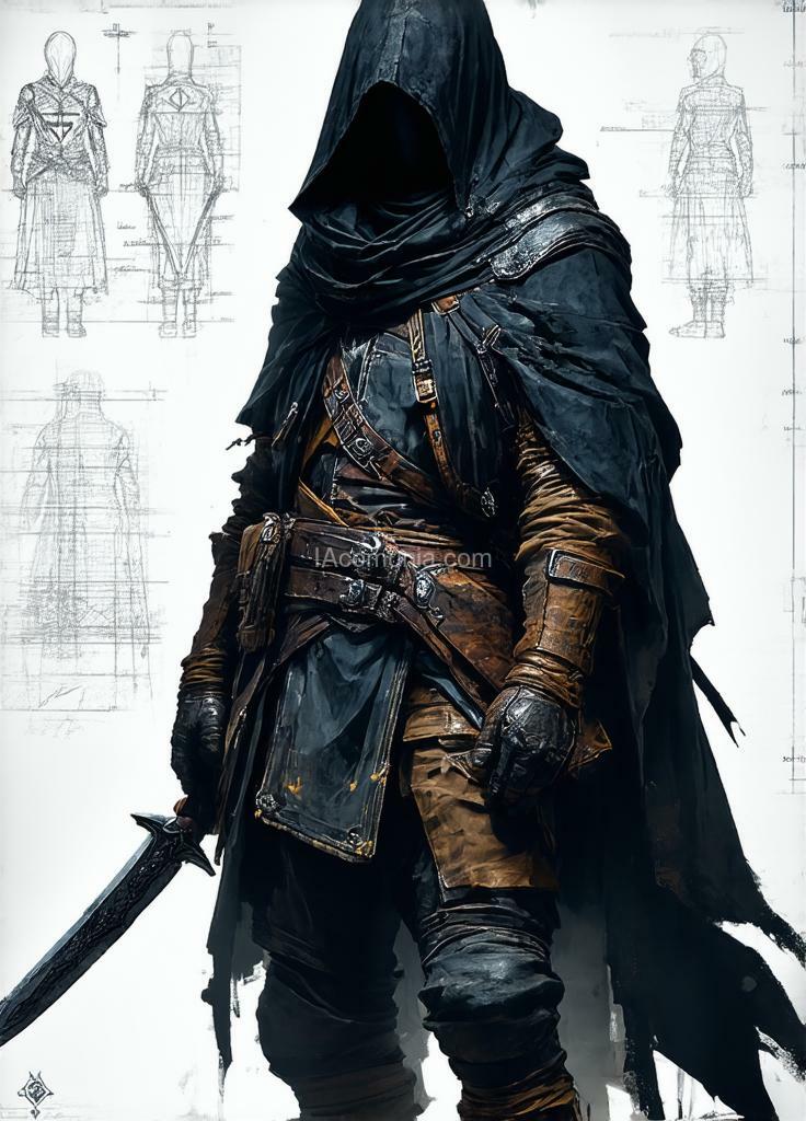 Imagen generada por IA en la comunidad IAcomuia: A dark and intense character design depicting a templar assassin, wearing a hooded, armor-like outfit that combines tactical practicality with gothic and medieval influences. the figure is adorned in a blend of leather and fabric, featuring layered textures and intricate detailing, including reinforced stitching, geometric engravings, and weathered material. the character's mask is a prominent feature, designed with a beak-like structure and intricate patterns, concealing their identity while exuding an air of mystery and menace. the outfit includes utility belts with pouches and holsters, as well as a cross-body leather strap that adds depth and realism to the design. a sharp, dagger-like blade is held confidently in one hand, its polished surface catching the subtle lighting that illuminates the scene. the background is dark and minimalistic, with faint diagrams and symbols drawn in white, suggesting tactical planning or a connection to ancient lore. the color palette emphasizes muted grays, browns, and blacks, with subtle metallic accents. the lighting is dramatic, with soft highlights accentuating the textures of the outfit and weapon. the overall mood conveys stealth, precision, and danger, embodying the essence of an elite assassin. created by sasan