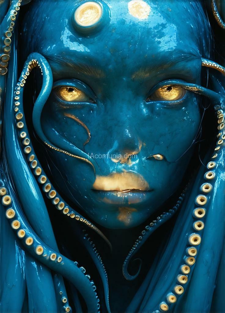 Imagen generada por IA en la comunidad IAcomuia: A woman eyes the octupus remember the eyes are the octupus the no humans only eyes of octupus in the face cyan with golden metalic tentacules optupus on her head, porcelain indigo skin, topological renders, hi - fructose art magazine, artforum, some tentacles are touching her, twigs, yasuke 5 0 0 px models, wearing jewellery, bilateral symmetry, albino, 32k