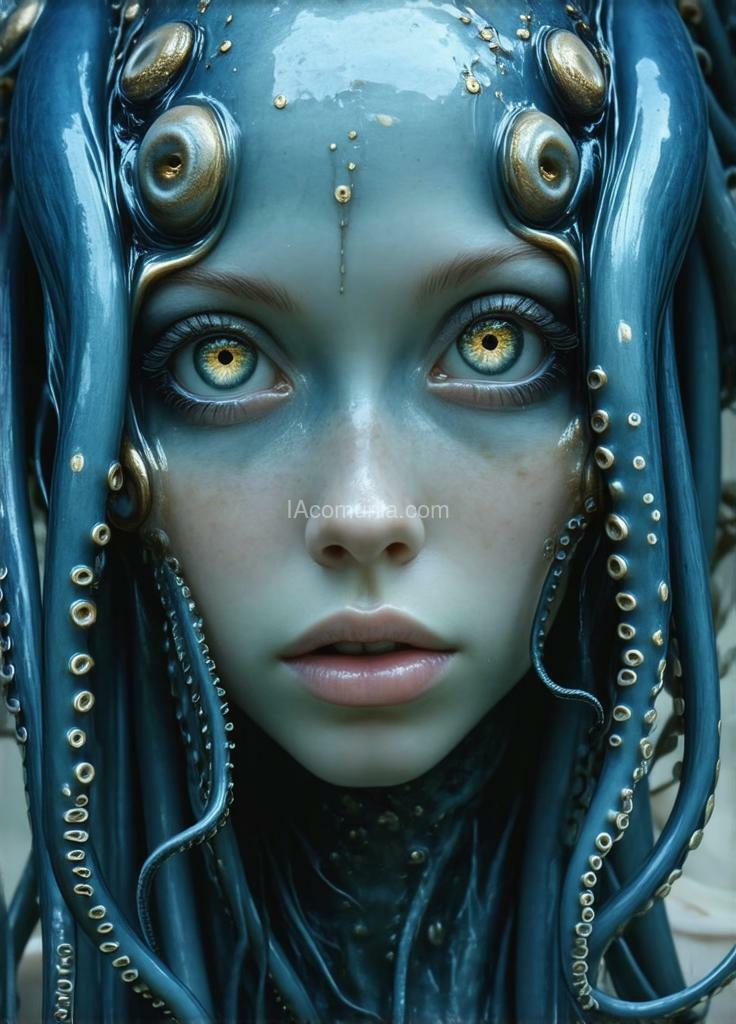 Imagen generada por IA en la comunidad IAcomuia: A woman eyes the octupus remember the eyes are the octupus the no humans only eyes of octupus in the face cyan with golden metalic tentacules optupus on her head, porcelain indigo skin, topological renders, hi - fructose art magazine, artforum, some tentacles are touching her, twigs, yasuke 5 0 0 px models, wearing jewellery, bilateral symmetry, albino, 32k