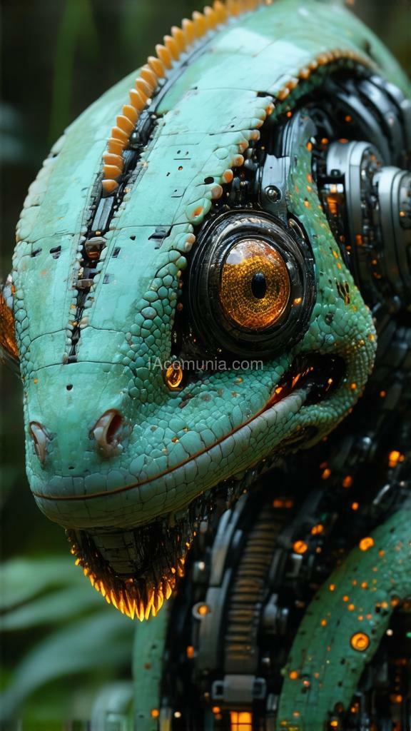 Imagen generada por IA en la comunidad IAcomuia: Ultra-realistic portrait image of a bionic chameleon head in inverted color shades of unearthly origin. this is a high-tech mixture of bionic-organic and genetic morphing with elements of high-tech robotic parts of the chameleon head with built-in robotic-mechanical parts. perform a close-up portrait of the bionic chameleon head, with special attention to the eyes made of the latest bionic-technological material with built-in video surveillance sensors. work out the smallest details and microprocessor bio-assemblies on the surface of the skin and internal parts. a tail with a bright internal glow is visible in the background. the background is defocused. the portrait image of a unique bionic chameleon is made for an advertising magazine about the inverted nature of unearthly origin and is made with maximum detail and photorealism.