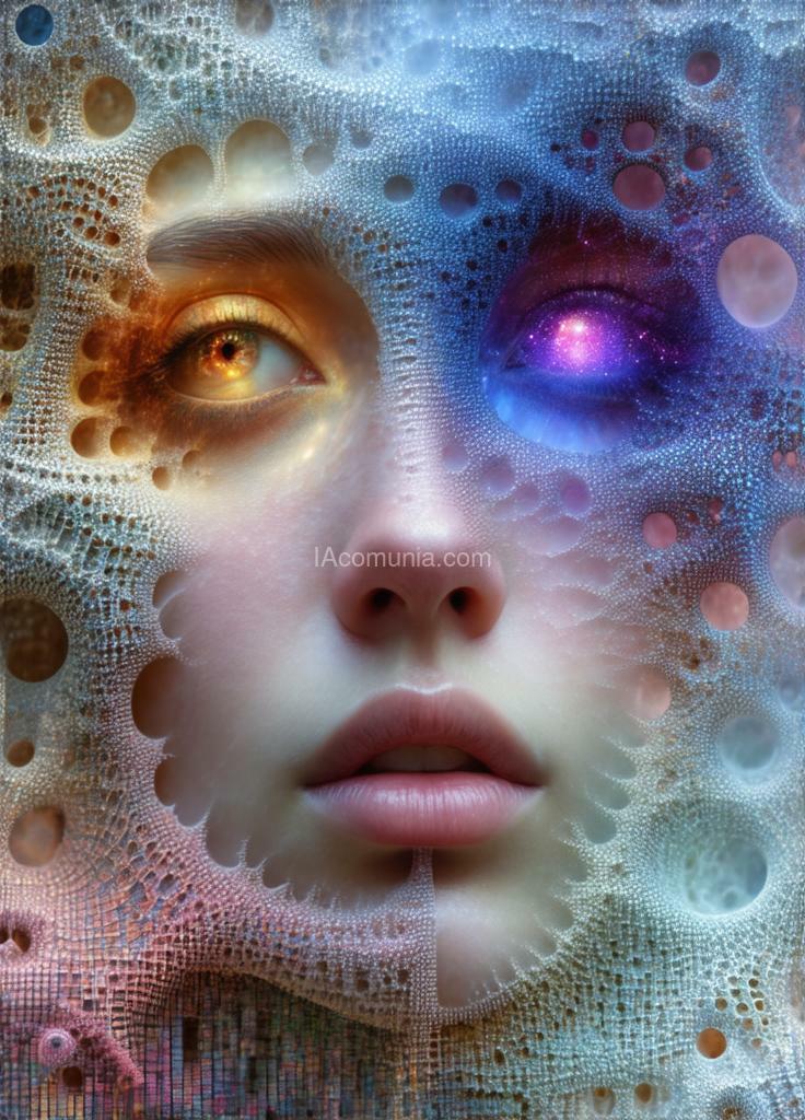 Imagen generada por IA en la comunidad IAcomuia: The art of surrealistic portrait of cross-fractal interweaving of deep fantasy dream and futuristic reality of time travel along the borders of ultra-reality. maximum detail and photorealism.