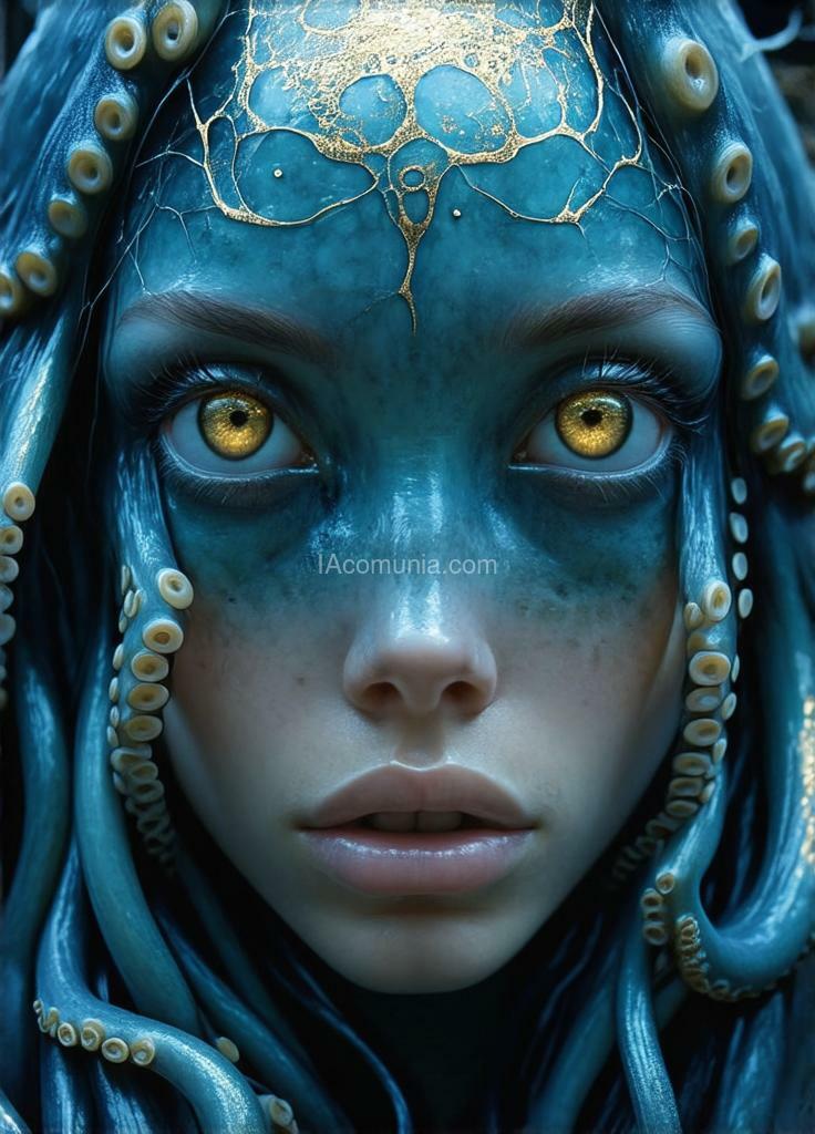 Imagen generada por IA en la comunidad IAcomuia: A woman eyes the octupus remember the eyes are the octupus the no humans only eyes of octupus in the face cyan with golden metalic tentacules optupus on her head, porcelain indigo skin, topological renders, hi - fructose art magazine, artforum, some tentacles are touching her, twigs, yasuke 5 0 0 px models, wearing jewellery, bilateral symmetry, albino, 32k