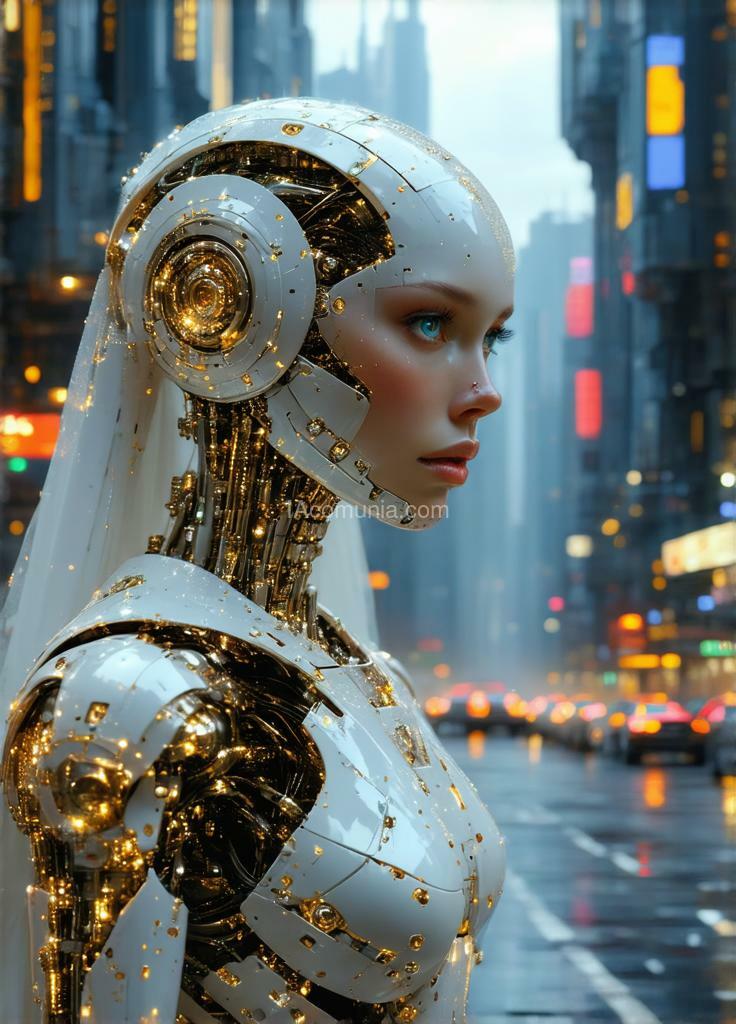 Imagen generada por IA en la comunidad IAcomuia: Cyborg bride with visualization of all internal details. captured in attractive pose, waist-high portrait style, embodying perfection, gold, crystals, chrome, glitter, on the background of futuristic city, hyperdetailed, intricate , sharp, clear, hdr, high quality , hd, impressive, vibrant, refined, perfect, best, contest winner.luxury, wonderful, superb, magical, mesmerizing, enchanting, inspired by the artistic style of jean baptiste monge, carne griffiths, seb mckinnon, michael garmash