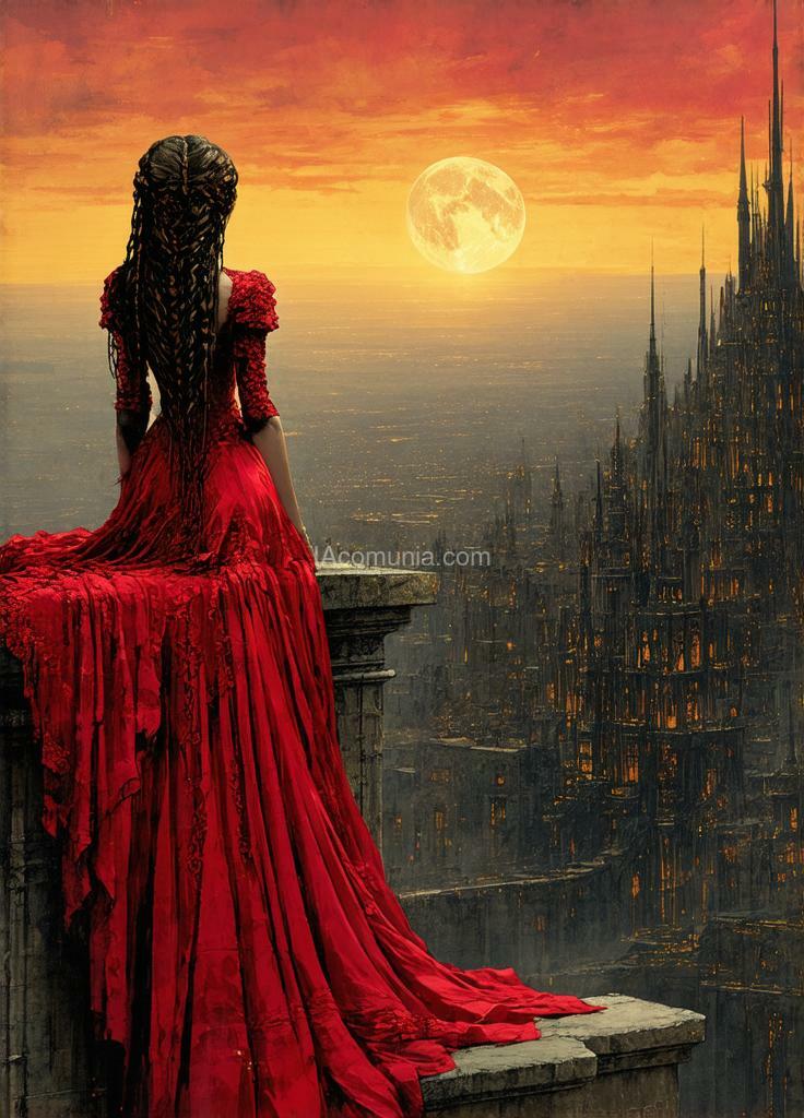 Imagen generada por IA en la comunidad IAcomuia: Super detailed a captivating dark fantasy illustration of a woman with long, cascading hair, perched on a high ledge overlooking a sprawling city at sunset. she wears a stunning red gown, adorned with intricate embroidery, that contrasts beautifully with the golden hues of the cityscape. the city below features intricate architectural details, such as towers and domes, with a sense of grandeur and mystery. the sky is a canvas of orange and pink hues, complemented by the luminous moon in the distance. the overall atmosphere is dark and moody, with a touch of grunginess that adds depth and intrigue to the scene., dark fantasy, illustration, vibrant, painting. created ks