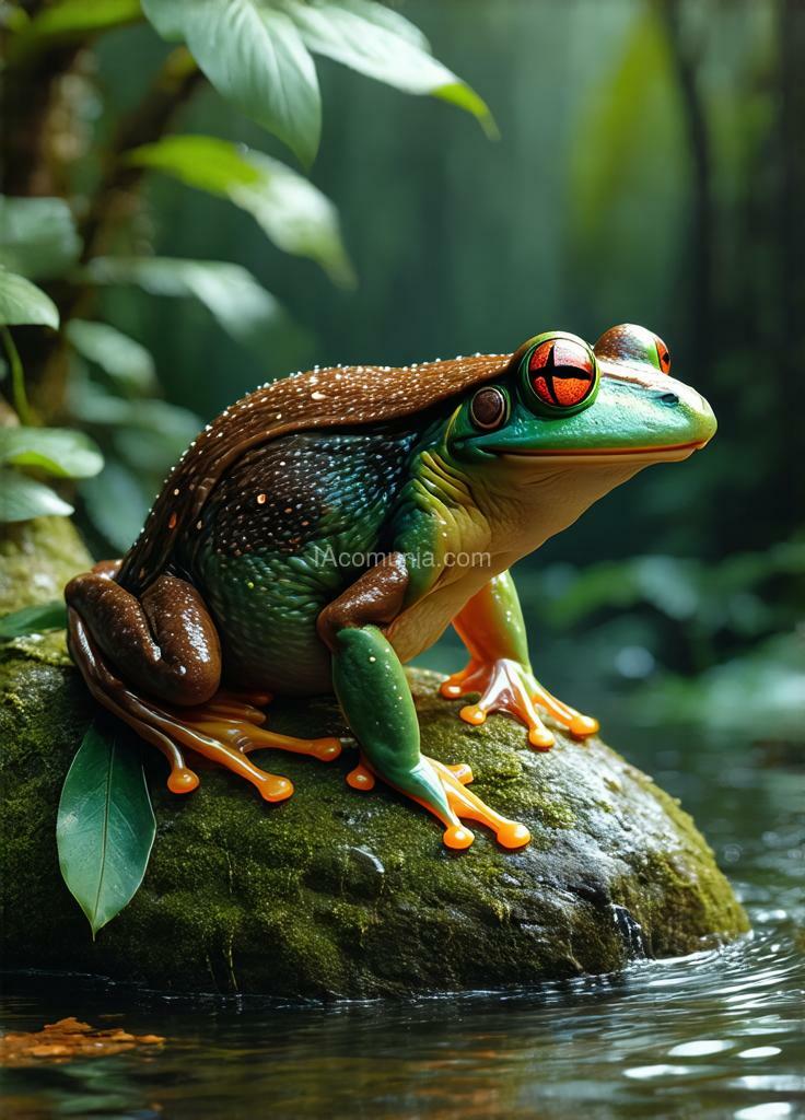 Imagen generada por IA en la comunidad IAcomuia: A hyper-realistic 8k fantastical hybrid creature blending the unique traits of a platypus with the vibrant features of a tree frog. the creature has the streamlined, semi-aquatic body of a platypus, its fur a rich, dark brown with subtle iridescent green and blue highlights that shimmer in the light. its webbed feet are slightly elongated and end in bright orange toes like those of a tree frog, allowing it to swim and climb with remarkable agility. the creature’s bill is smooth and glossy, blending seamlessly with its frog-like face, and its eyes are large, glowing red, resembling those of a tree frog. its back has a faint, glossy sheen, echoing the moist skin of a frog, while its tail is flat and paddle-like, perfect for navigating water. the hybrid rests gracefully on a moss-covered rock by a crystal-clear stream in a tropical rainforest, surrounded by lush greenery, glowing mushrooms, and soft rays of sunlight filtering through the dense canopy. the atmosphere is vibrant, magical, and filled with an aura of mystery and adaptability