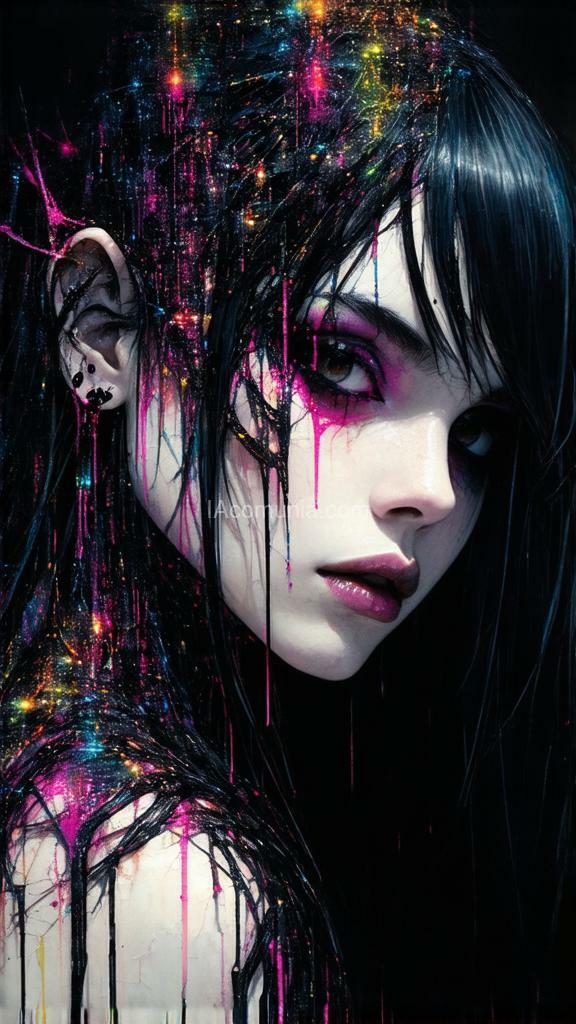 Imagen generada por IA en la comunidad IAcomuia: Closeup portrait of a girl with long black hair, standing alone in a dark room, painted nails, piercing black eyes, intricate details in her hair and clothing, awe inspiring , surreal structured mix media art,, art by luzia caldari, carne griffiths and vanessa barragao. coherent background, close-up, stitching in bright colors, 3d-effect artwork, 3d vector painting, sharp focus, beautiful, highly detailed, concept art, stunning, molecular, textures, breathtaking beauty, pure perfection, divine presence, unforgettable, impressive, breathtaking beauty, volumetric light, rays, vivid colors reflects, centered, symmetry, painted, intricate, volumetric lighting, beautiful, rich deep colors masterpiece, sharp focus, ultra detailed, in the style of dan mumford and marc simonetti