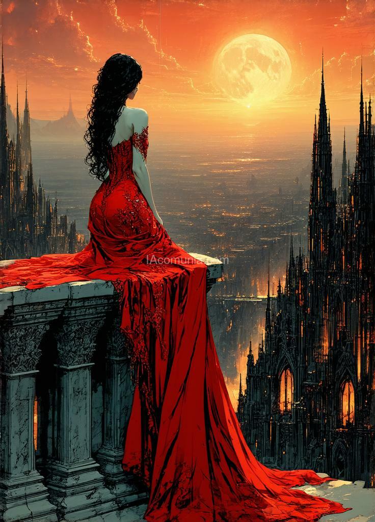 Imagen generada por IA en la comunidad IAcomuia: Super detailed a captivating dark fantasy illustration of a woman with long, cascading hair, perched on a high ledge overlooking a sprawling city at sunset. she wears a stunning red gown, adorned with intricate embroidery, that contrasts beautifully with the golden hues of the cityscape. the city below features intricate architectural details, such as towers and domes, with a sense of grandeur and mystery. the sky is a canvas of orange and pink hues, complemented by the luminous moon in the distance. the overall atmosphere is dark and moody, with a touch of grunginess that adds depth and intrigue to the scene., dark fantasy, illustration, vibrant, painting. created ks