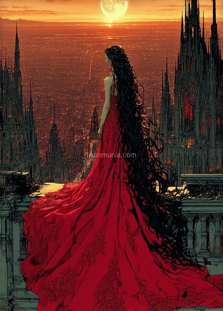 Imagen generada por IA en la comunidad IAcomuia: Super detailed a captivating dark fantasy illustration of a woman with long, cascading hair, perched on a high ledge overlooking a sprawling city at sunset. she wears a stunning red gown, adorned with intricate embroidery, that contrasts beautifully with the golden hues of the cityscape. the city below features intricate architectural details, such as towers and domes, with a sense of grandeur and mystery. the sky is a canvas of orange and pink hues, complemented by the luminous moon in the distance. the overall atmosphere is dark and moody, with a touch of grunginess that adds depth and intrigue to the scene., dark fantasy, illustration, vibrant, painting. created ks