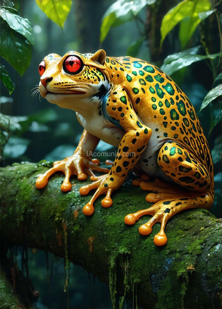 Imagen generada por IA en la comunidad IAcomuia: A hyper-realistic 8k fantastical hybrid creature blending the strength of a jaguar with the vibrant features of a tree frog. the creature has the sleek, muscular body of a jaguar, its golden coat patterned with jaguar spots that shimmer with iridescent green and blue hues. its legs are slightly elongated and end in webbed, orange toes like those of a tree frog, allowing it to climb with ease. the creature’s eyes are large and glowing red, resembling a tree frog’s, and its back has a faint, glossy sheen, echoing the frog’s moist skin. the hybrid perches gracefully on a moss-covered branch in a tropical rainforest, surrounded by lush greenery, glowing mushrooms, and soft rays of sunlight breaking through the dense canopy. the atmosphere is vibrant, magical, and filled with an aura of mystery and power. created by sasan