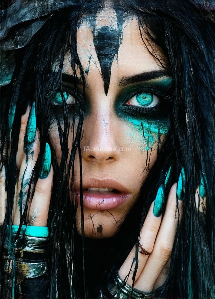 Imagen generada por IA en la comunidad IAcomuia: Half face extreme closeup portrait of a woman with long wild black hair, focus on black and turquoise painted nails, wet oiled skin, piercing grey eyes, naïf makeup, tribal accessories, intricate details in her hair and clothing, , surreal structured mix media art,, art by carne griffiths, coherent background, close-up, stitching in bright colors, , sharp focus, beautiful, highly detailed, concept art, stunning, , textures, breathtaking beauty, pure perfection, divine presence, unforgettable, impressive, breathtaking beauty, volumetric light, rays, vivid colors reflects, centered, symmetry, painted, intricate, volumetric lighting, beautiful, rich deep colors masterpiece, sharp focus, ultra detailed, color pops, stunning visuals